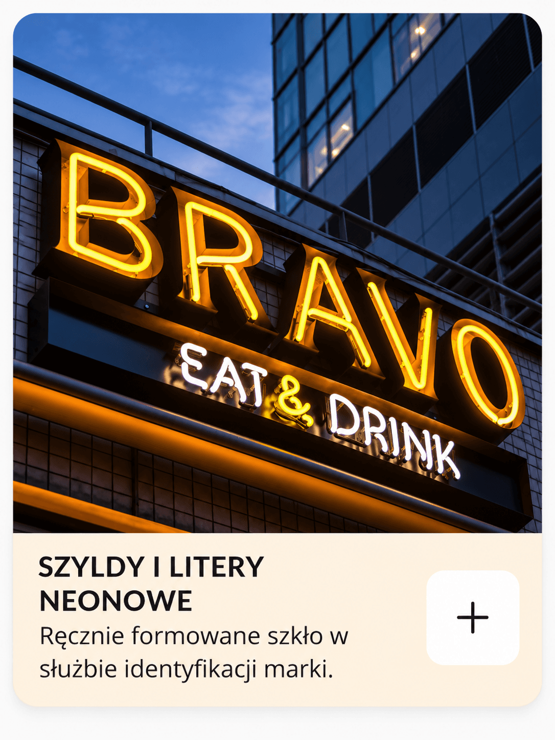 BRAVO EAT & DRINK aus gelben und weißen Neonröhren an einer Gebäudefassade in der Dämmerung. Die Grafik wurde als Kachelentwurf bereitgestellt; das angezeigte Foto wird in der Websitevorlage zugeschnitten.