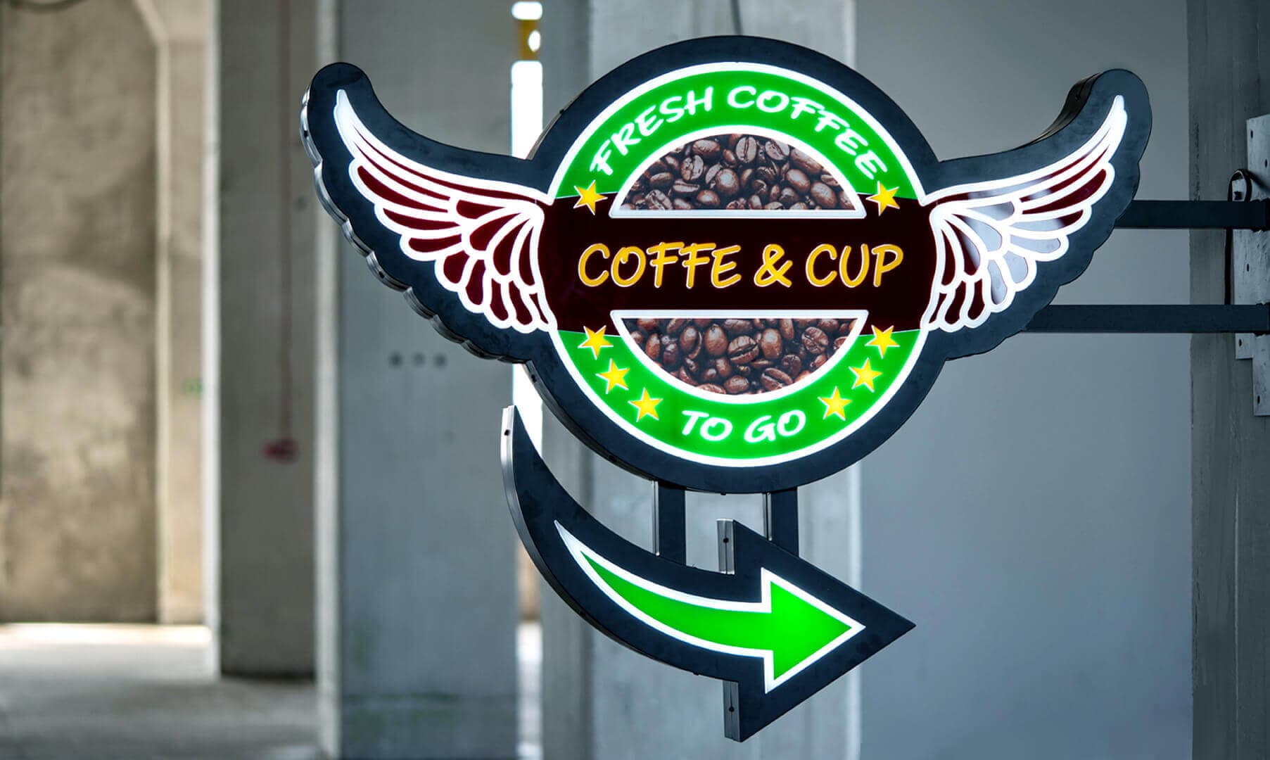 coffe semafor led dwustronna reklama prostopadle do sciany